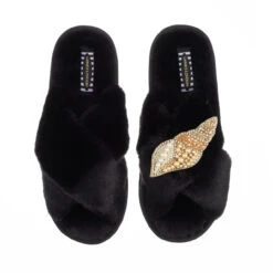 Laines London Classic Black Slippers With Cone Shell Brooch