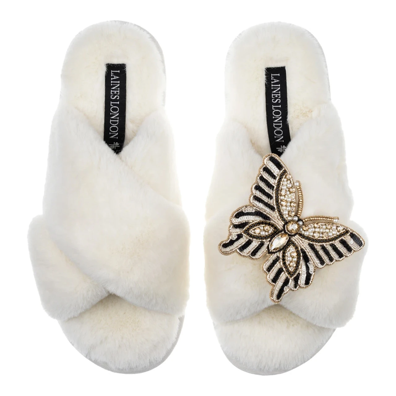 Laines London Classic Cream Slippers With Butterfly Brooch 3 Laines London Classic Cream Slippers With Butterfly Brooch