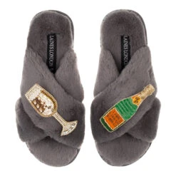 Laines London Classic Grey Slippers With Double Champagne Brooch