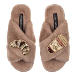 Laines London Classic Toffee Slippers With Double Coffee & Croissant Brooch