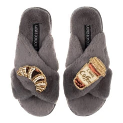 Laines London Classic Grey Slippers With Double Coffee & Croissant Brooch