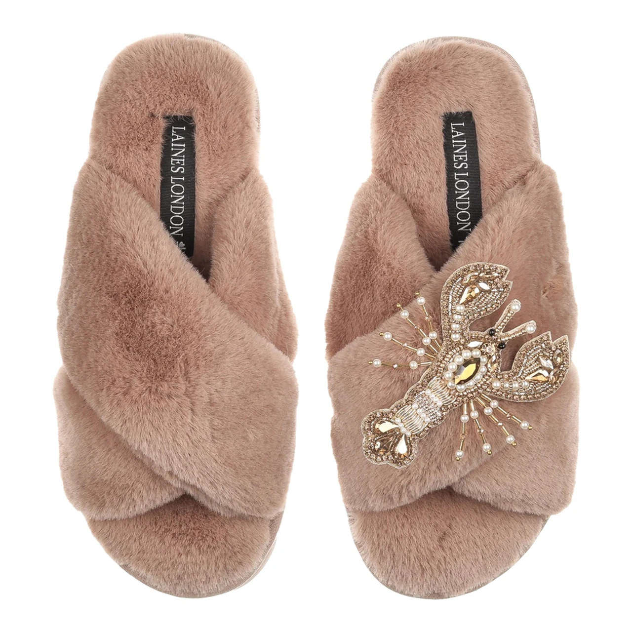 Laines London Classic Toffee Slippers With Gold Lobster Brooch 3 Laines London Classic Toffee Slippers With Gold Lobster Brooch
