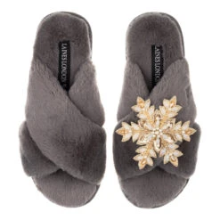 Laines London Classic Grey Slippers With Snowflake Brooch